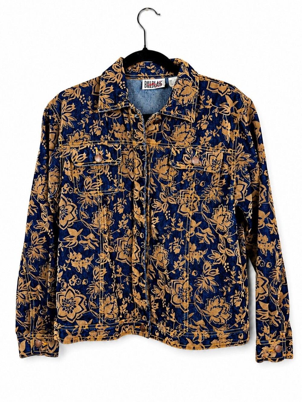 Y2K Bill Blass Petite Flocked Floral Denim Jacket Blue Brown Velvet PL Vintage